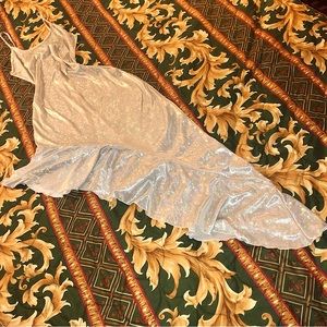 Vtg 90s Cosplay/AvantGarde/Rave Iridescent Silver, Holographic Asymmetrical Gown